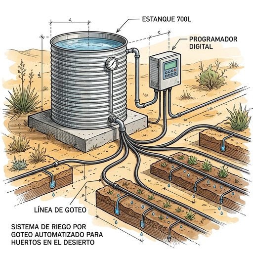 Figura 2: Esquema Técnico del Sistema de Riego por Goteo Automatizado con Estanque Acumulador de 700 Litros