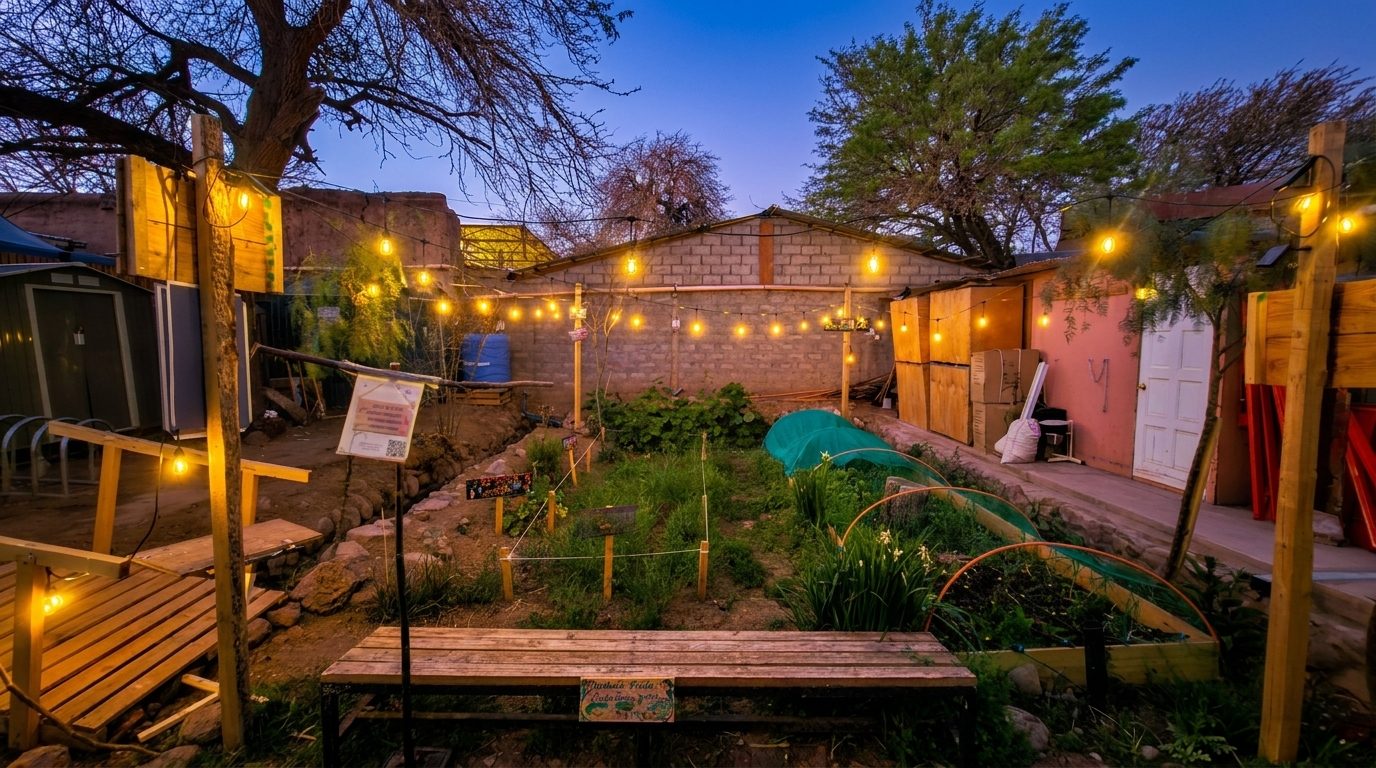 Huerta comunitaria del CESFAM de San Pedro de Atacama al anochecer