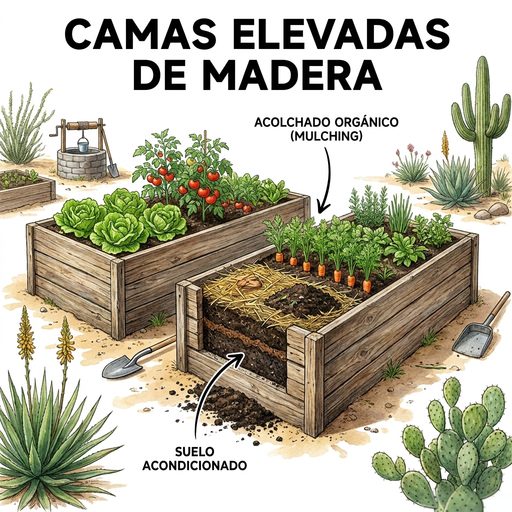 Figura n°1: Esquema de Camas Elevadas de Cultivo y Acolchado Orgánico (Mulching) en el Desierto